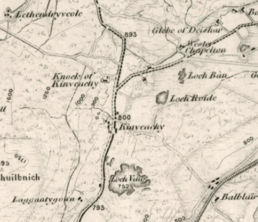 Black and white map of Kinveachy near Aviemore